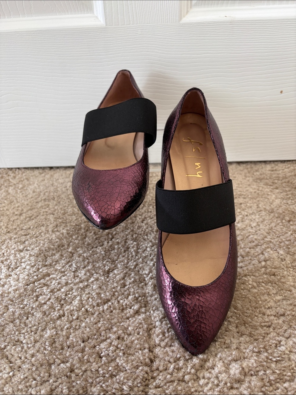 French Sole New York Burgundy Metallic Mary Jane Flats with Black Elastic Strap
